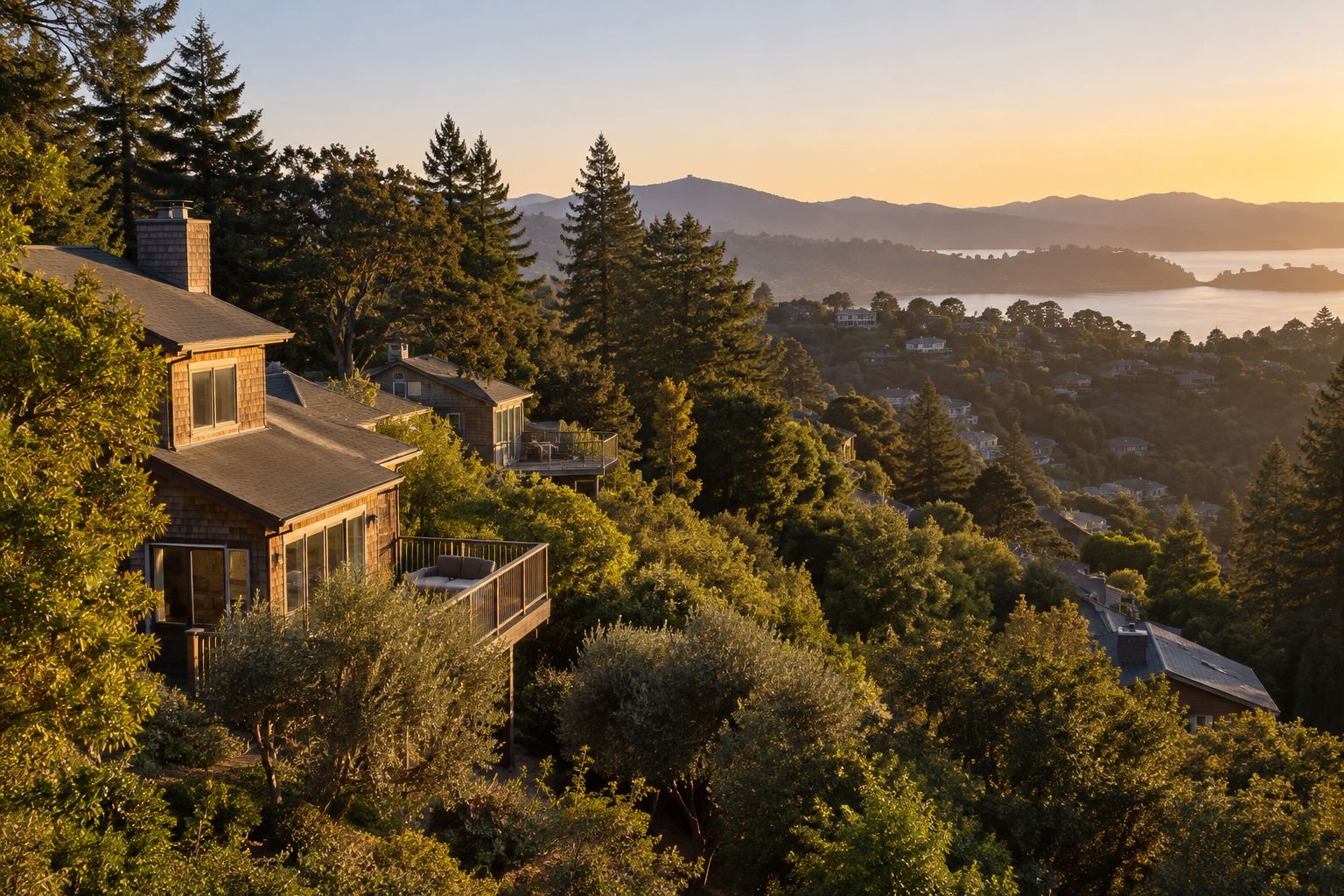 A Marin County hillside neighborhood at golden hour, illustrative