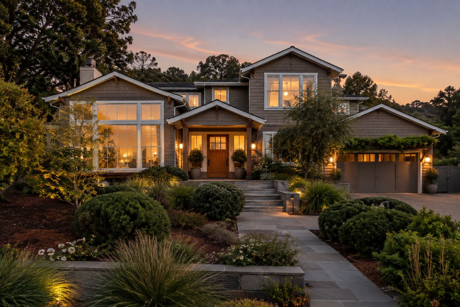 A Marin County home exterior at dusk, illustrative