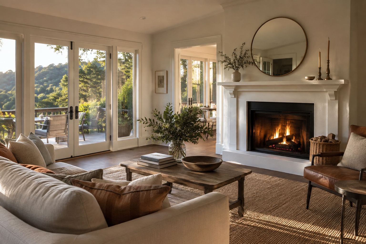 A cozy Marin County living room, illustrative